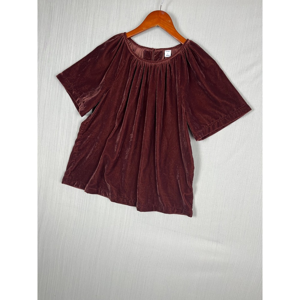 Old Navy Velvet Blouse Womens S Burgundy Shirred Short Sleeve Gothic Chic